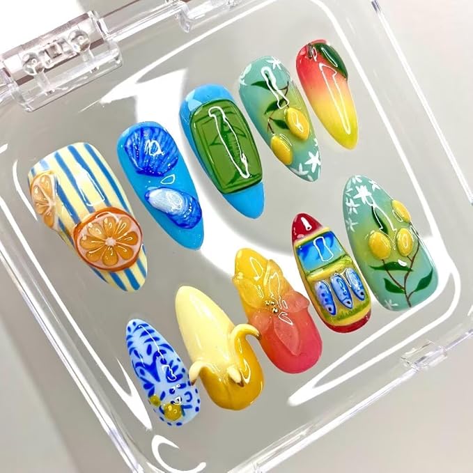MAGLFELL Women Press On Nails - Medium Almond False Nails 10Pcs Luxury Handmade 3D Painting Art ABS Acrylic Artificial Fingernails (Size M)
