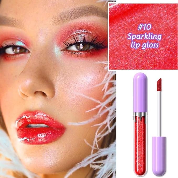 Hxssll Glitter Liquid Lip Gloss,Red Shimmer Lipstick, Waterproof Shimmer Lip Stain Lip Glaze, High Shine Long Lasting Shiny Lip Color Makeup 10#