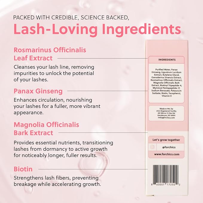 ForChics Eyelash Growth Serum - Prostaglandin-Free Lash Enhancing Serum for Longer, Thicker Lashes and Brows- Natural Formula, Visible Results in 2 Weeks - Vegan, Hormone-Free 0.10 fl. oz / 3ml