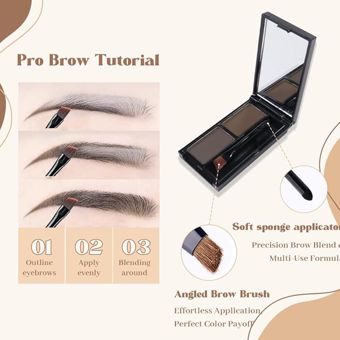 Brow Powder Kit – Long-Lasting Light-Dark Brown Color Brow Filler for Full, Defined Natural Brows, Contour Palette with Double-Ended Brush, sombra para cejas-3#