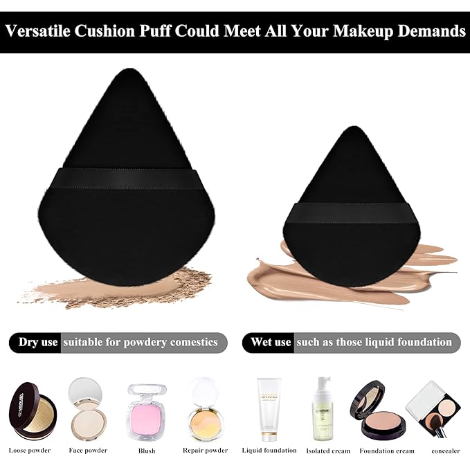 Maitys 12 Pcs Powder Puff Triangle for Face Makeup Cosmetic Loose Powder Puff Velour Soft Body Washable Reusable Foundation Sponge Wet Dry Makeup Tool for Women(Large, Small,Black)