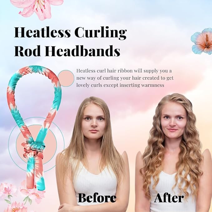 PURELYNE Heatless Hair Curler | 5PC No Heat Curling Rod Headband | With Satin Bonnet, Curler, 2 Scrunchies & Claw Clip Set | Curl Kit for Women & Girls (Cotton Candy, Medium)