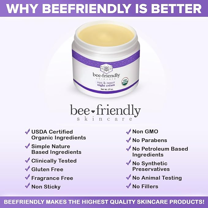 BeeFriendly Organic Night Cream, USDA Certified Organic, Deep Hydrating & Moisturizing Night Time Eye, Face, Neck & Decollete Cream for Women and Men, Anti Aging, Anti Wrinkle 4 oz (2 Jars in box)