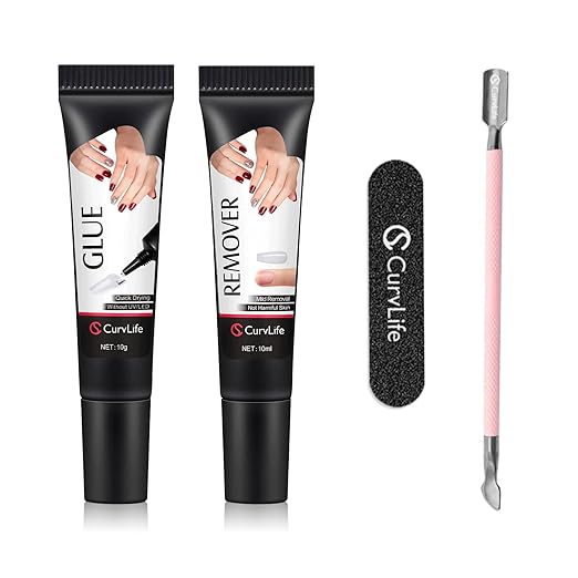 Curvlife Soft Quick Drying 10g Semi Solid Nail Glue with 10ml Remover with Cuticle Pusher Nail Art for Press On Nails Tips No Need for UV Lamp Long Lasting