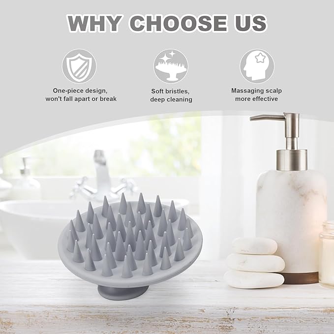 Meartchy Silicone Scalp Massager Shampoo Brush, Scalp Brush for Hair Growth & Dandruff Removal, Hair Scrubber Scalp Stimulator Exfoliator Brush with Soft Bristles for Wet Dry Scalp Care (Grey)