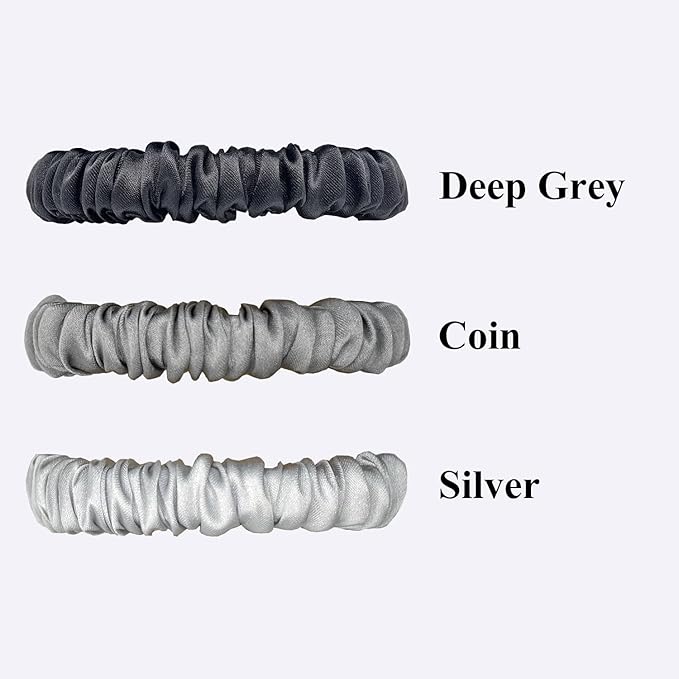 VLOMOT 3 Pcs Set 100% Pure Mulberry Silk Hair Scrunchies Hair Ties with 3 Chic Colors Everyday Skinny Scrunchies Silk Ponytail Holders Hair Care No Damage (Grey)