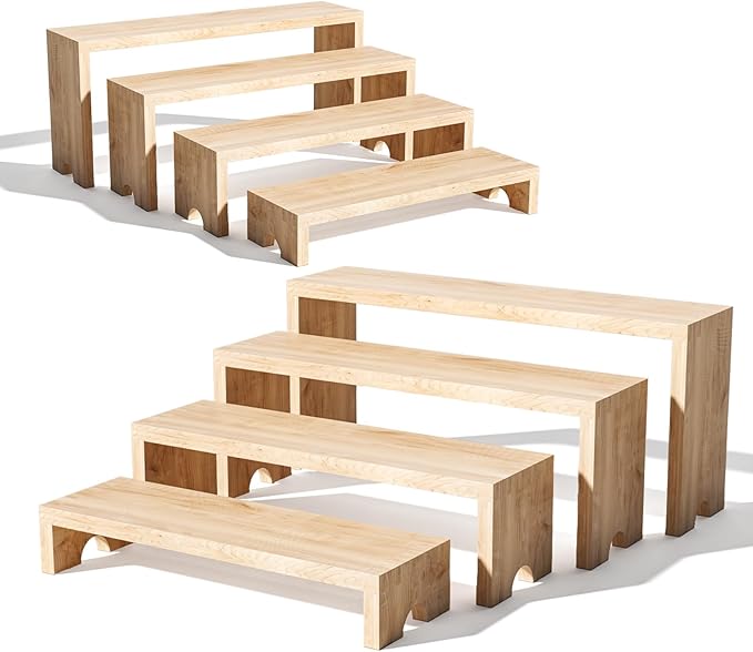 4 Tier Large Display Wooden Riser Stand 2 Set Decorative Rectangular Wood Racks 8 Pieces Stackable Perfume Organizer Cologne Stand Wood Dessert Table Display Set for Vendor Events (Wood color, 8PCS)
