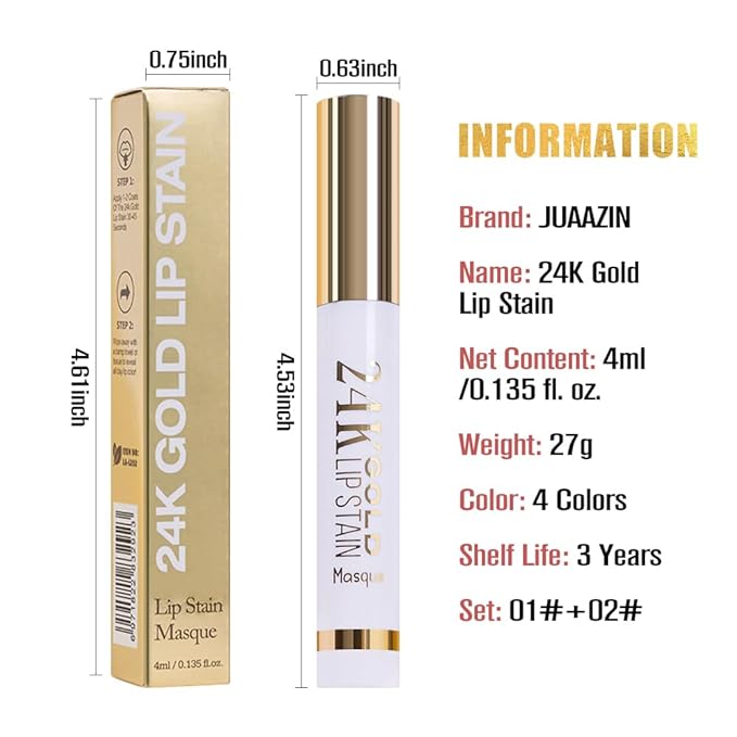 JUAAZIN 2Pcs 2025 New 24K Gold Liquid Lip Gloss Peel Off Lip Stain Tattoo with Tweezer, Lips Stain Peel Off Masque, Long Lasting Waterproof Lip Tint Stain, Transfer-proof for All Skin Types 01#+02#