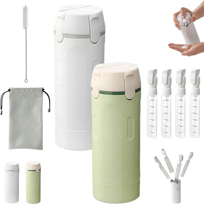 4 in 1 Travel Dispenser Bottle, 4 Pump Travel Bottle Set, 4 in 1 Leak Proof Travel Bottle Dispenser, with Measurement Scale & Label Stickers, for Toiletries (A+B)