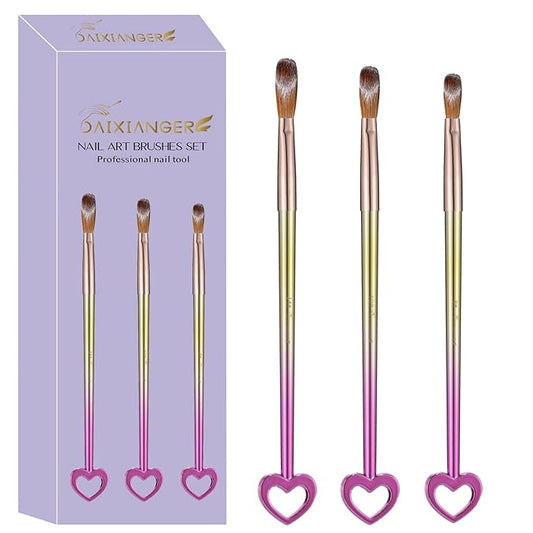 DAIXIANGER 3Pcs Professional Acrylic Nail Brush Set, Size 8/10/14, Gradient Handle Heart-Shaped Nail Brushes for Acrylic Application Powder & Nail Extension, 3D Nail Carving Tools for DIY Home Salon