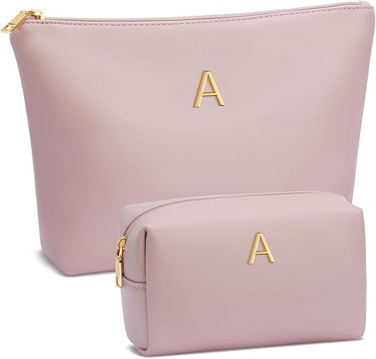Women Gifts | Initial Makeup Bag Set for Girl Personalized Gifts for Bridesmaid Friend Graduation Teachers PU Leather Cosmetic Travel Toiletry Bag(Pink,A)