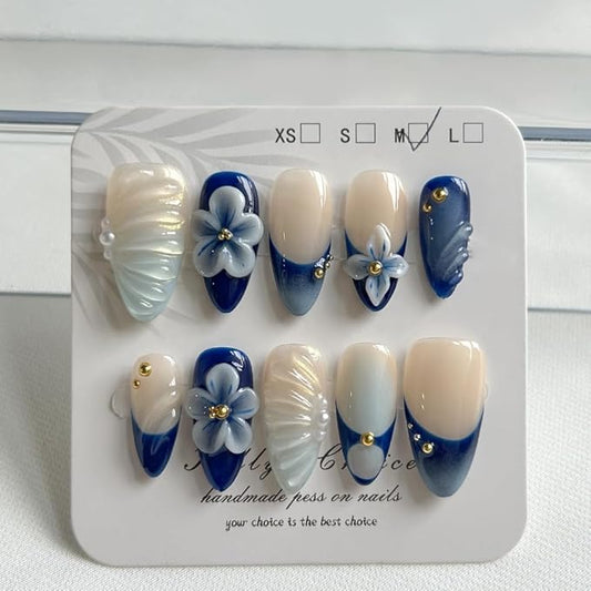 Press On Nails - Medium Almond Handmade Unique Fake Nails, Cute Bow Nails, Thick Acrylic and Muti-Layer Gel False Nails, Reusable Gel Cured Sturdier 3D Fake Nails,DIY Art Decorate (Size S)