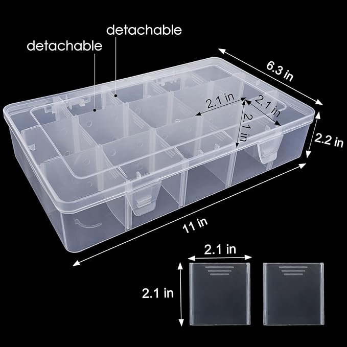 Exptolii 15 Large Grids Plastic Organizer Box with Dividers, Clear Compartment Container Storage for Washi Tapes Beads Crafts Jewelry Fishing Tackles, Size 11 x 6.3 x 2.2 in