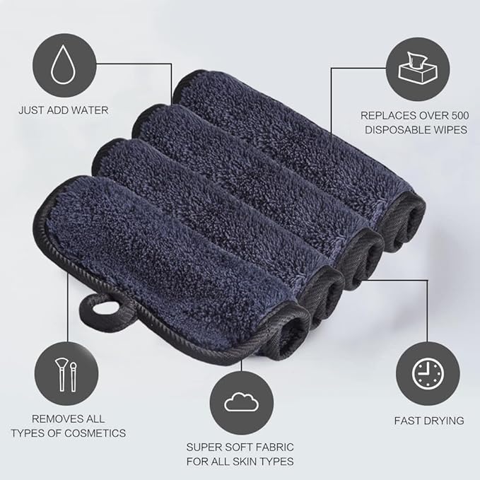 BloomSesame Makeup Remover Cloths for Face, Eye, Lips - Reusable Face Cleansing Cloth Microfiber Makeup Remover Pads 5 x 5 inch 6 Pack (Black)