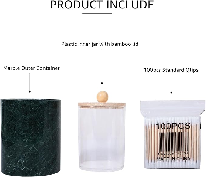 Travertine Marble Qtip Holder Dispenser with Bamboo Lid & Clear Plastic Inner Jar - Bathroom Vanity Organizer for Cotton Swab, Ball, Makeup Pads, Floss - Storage Container (India Green Marble)