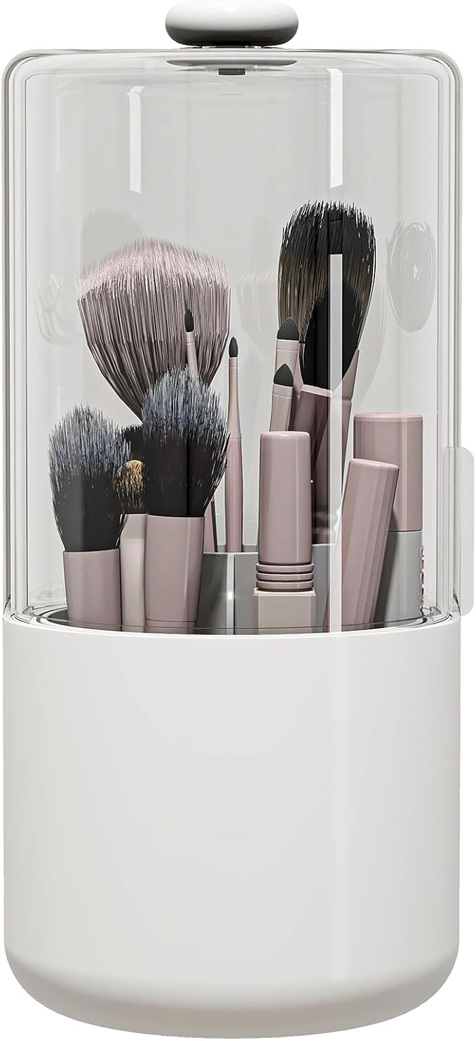 Zufudo Makeup Brush Holder with Dustproof Cover, Clear 360 Rotating Make Up Brushes Organizer for Counter Vanity Bathroom, White