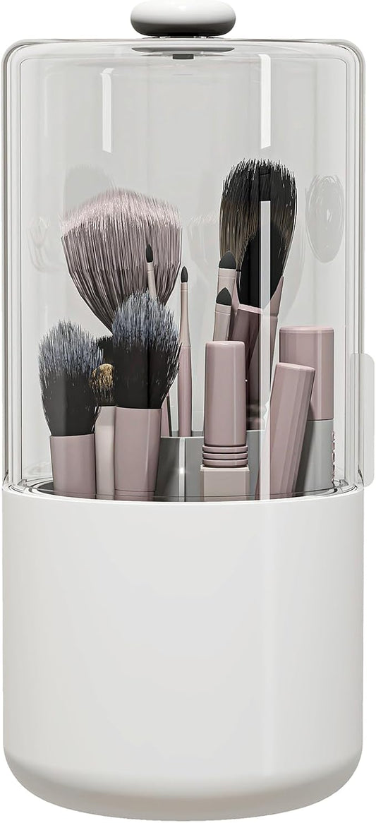Zufudo Makeup Brush Holder with Dustproof Cover, Clear 360 Rotating Make Up Brushes Organizer for Counter Vanity Bathroom, White