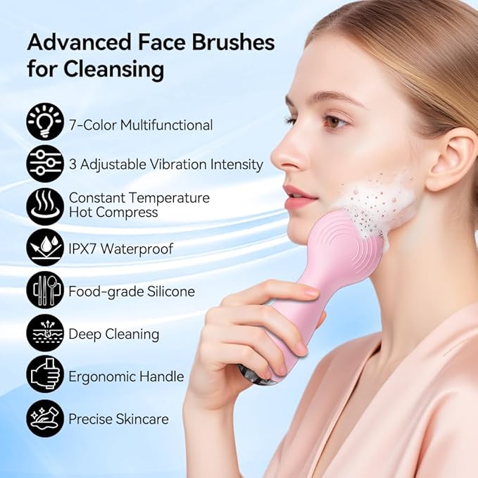 Facial Cleansing Brush, Face Scrubber, Electric Face Brush with 7 Colors, Rechargeable Waterproof Exfoliator with Heat and Vibration, Deep Cleansing and Massage for Men and Women(Pink)
