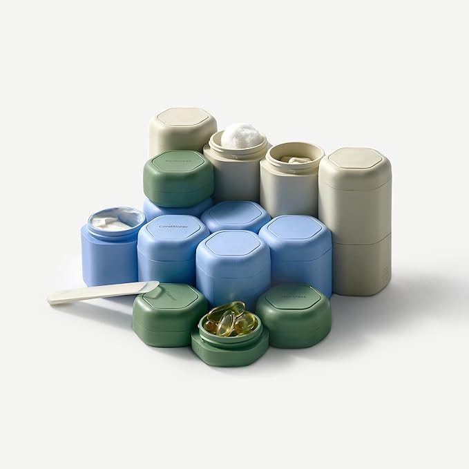 Cadence Travel Containers Haircare Capsule Set - Magnetic Containers with Lids,Carry On Travel Essentials For Women/Men - 3 Flex Mediums (1.32oz) - Shampoo, Conditioner & Comb Icon Labels - Pacific