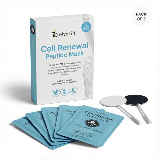 MYOLIFT Cell Renewal Peptide Mask(EGF)– 100%Vegan, Bio-Cellulose FaceMask for CellRenewal, Skin Firming, Hydrating & Brightening-with Niacinamide, Hyaluronic Acid& EGF|Korean Skincare Sheet Mask–Pack5