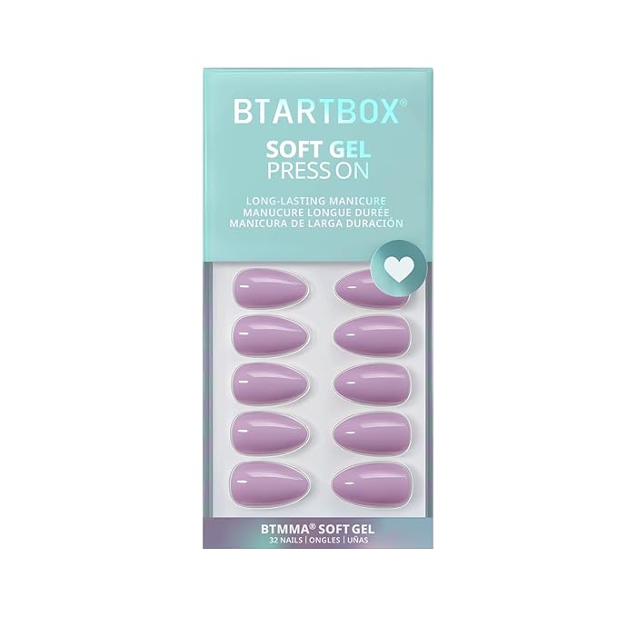 BTArtbox Press On Nails Almond - Lavender Purple Short Press On Nails with Glue for Women, Opaque Soft Gel Glue On Nails in 16 Sizes - 32 Stick On Nails Kit, Orchid Dew