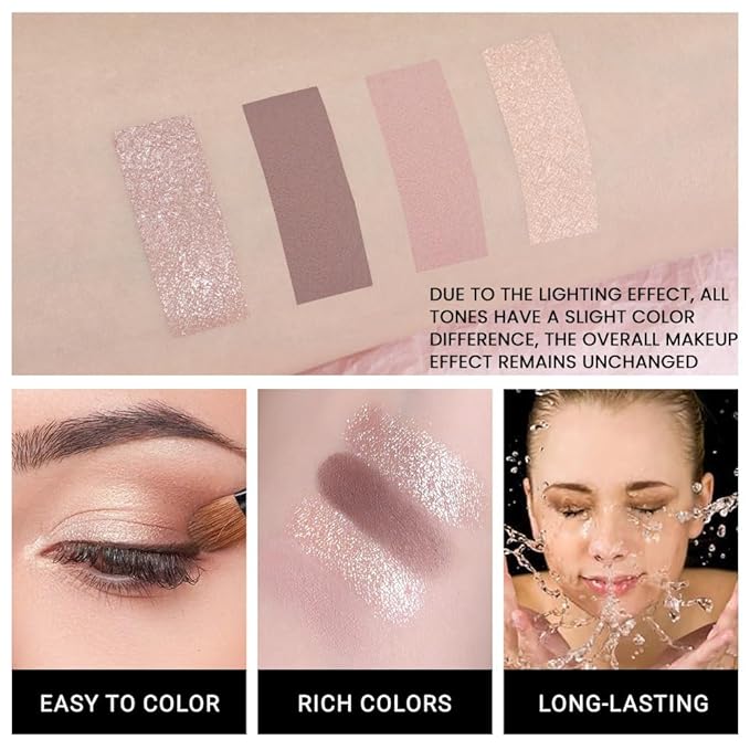 Nude Eyeshadow Quad Palette, Champagne Dusty Pink Plum Mauve Taupe Glitter Metallic Shimmer Matte High Pigment Mini Eyeshadow Eye Shadow Palette Makeup for older Women, Travel Size Built in Mirror