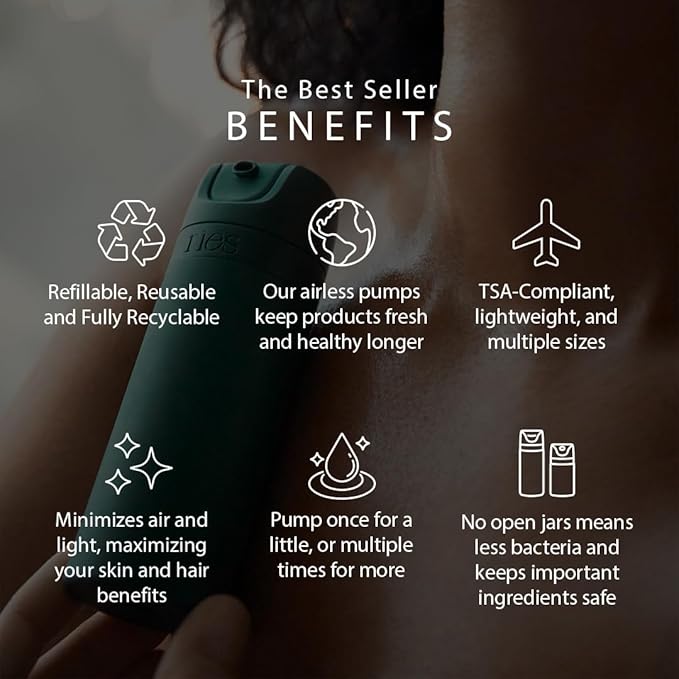 Refillable Toiletry Travel Bottles – Set of 5 (3.4oz & 1.7oz) Airless Pump Containers for Shampoo, Conditioner, Body, Face – Leak-Proof, TSA-Approved, Dishwasher Safe- Escapade Green with Gift Box