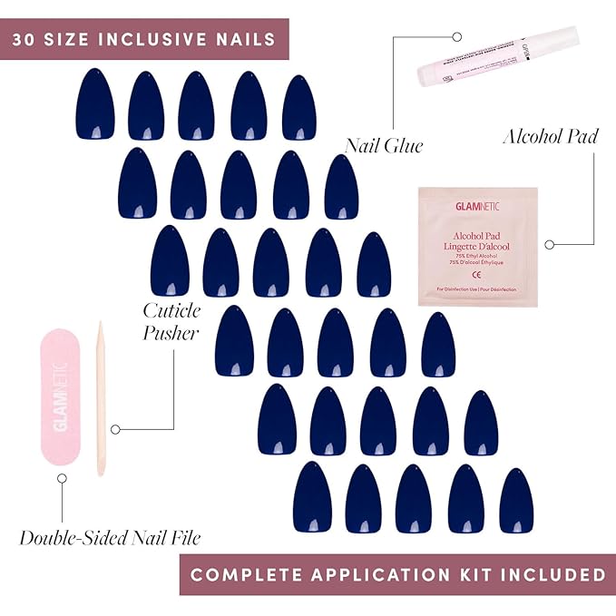 Glamnetic Press On Nails - Midnight Blue | Opaque Dark Navy Blue Short Almond Fake Nails, Salon Quality | 15 Sizes - 30 Nail Kit