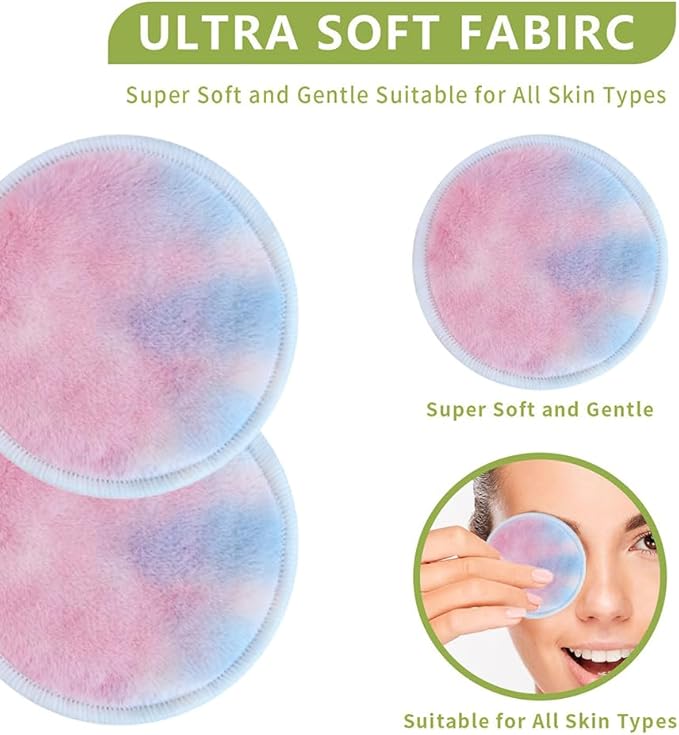 Sopurrrdy Reusable Cotton Rounds, 100% Natural Bamboo Cotton Pads for Face|Reusable Makeup Remover Pads with Laundry Bag,Headband and Cotton Round Holder (Colorful)