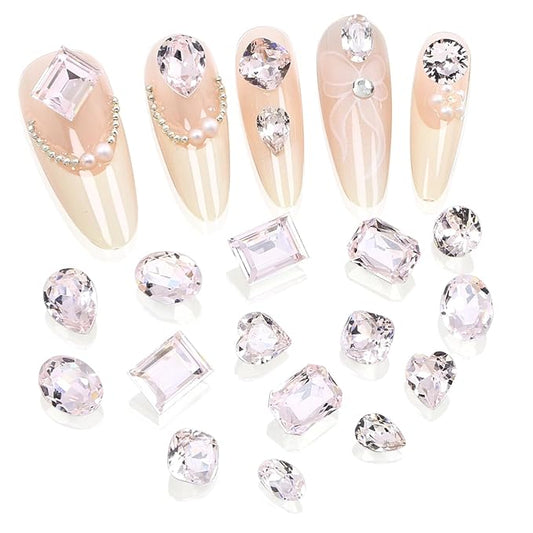 DONGZHOU 72pcs Mix Shape Nail Art Rhinestone,7 Styles Glass Nail Rhinestones Pointback Nail Gems Shiny 3D Nail Charms for Nail DIY Decorations Crafts,Pink
