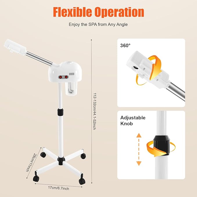 Facial Steamer - Ozone Steamer with 360° Rotatable,on Wheels, Adjustable Height and Angle,Face Steamer for Deep Cleansing and Hydration, Estheticians Steamer for Beauty, Spa and Home Use