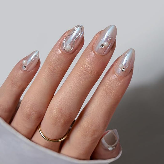 BTArtbox Press On Nails Short - Pearl Accents Chrome Almond Press On Nails with Glue for Women, Opaque Soft Gel Glue On Nails in 16 Sizes - 32 Stick On Nails Kit, Tidal Pearl