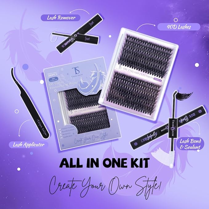 THINK SHOW Wispy Lash Clusters Kit 40D 9-16mm 280pcs Natural Eyelash Extension Kit with Bond and Seal,Tweezers,Remover Individual Lashes Clusters for Beginners and Self Use (40D)