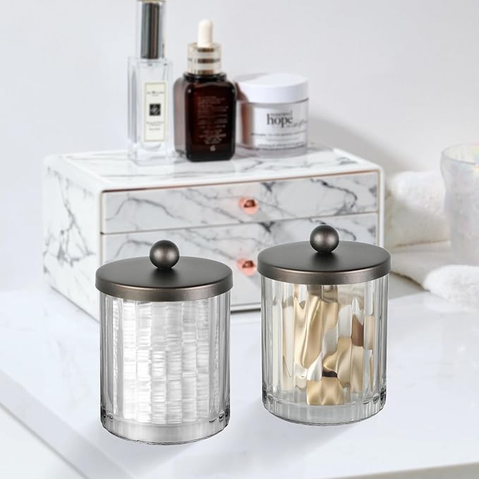 Amolliar Apothecary Jars Bathroom Vanity Storage Organizer Set, Countertop Canister with Stainless Steel Lid & Cute Stickers, Qtip Holder Dispenser for Cotton Swabs, Balls, Makeup Pads(Bronze, 2 Pack)