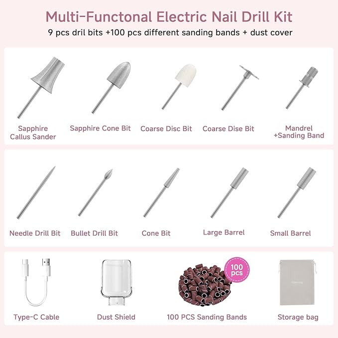 4 Pack Professional Nail Drill Kit – 10 Interchangeable Heads & 100 Sanding Bands for All Nail Types, White
