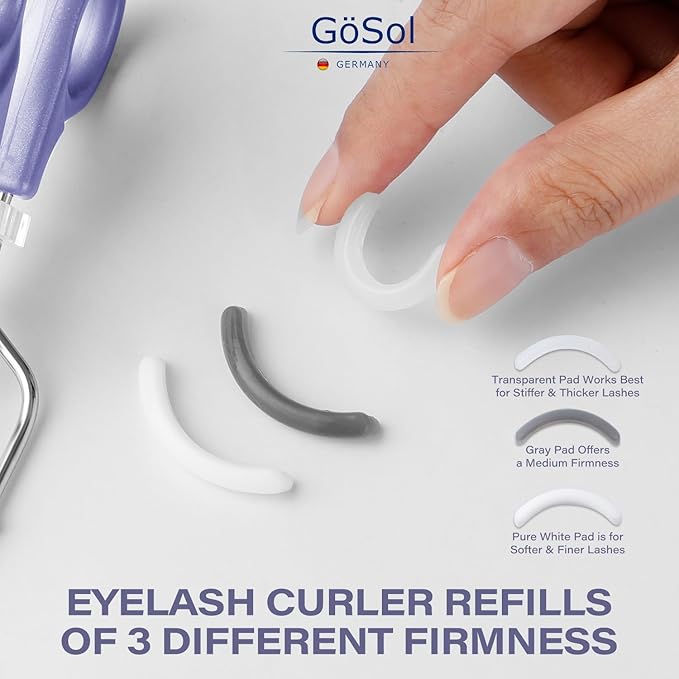 GöSol Eyelash Curler w/3 Replacement Pads (Soft/Medium/Firm) - Professional Lash Curler for Natural, Fake, Curly or Straight Lashes, Includes Protective Cover