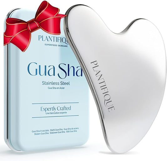 PLANTIFIQUE Stainless Steel Gua Sha | Facial Tool | Skin Massage for Face Body Eyes Neck Heart Style with Travel Pouch | Skin Care Gift