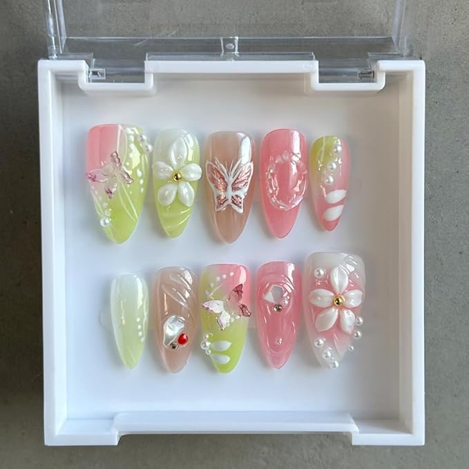 Press On Nails Medium Almond Shape - 3D Handmade Acrylic Gel Fake Nails with Glitter Designs, Reusable Thick Almond Nails for Women DIY Manicure Kit (10PCS, L Size, Easy Application)