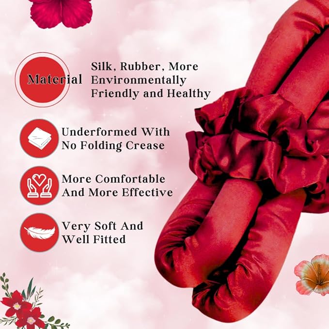 PURELYNE Heatless Hair Curler | 5PC No Heat Curling Rod Headband | With Satin Bonnet, Curler, 2 Scrunchies & Claw Clip Set | Curl Kit for Women & Girls (Wine Red, Medium)