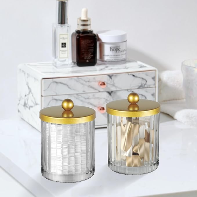 Amolliar Qtip Holder Dispenser for Bathroom, Clear Glass Canister Apothecary Jar for Cotton Swabs, Cotton Balls, Makeup Pads, Floss Picks, Container for Countertop Vanity Storage Organizer,Gold 2 Pack