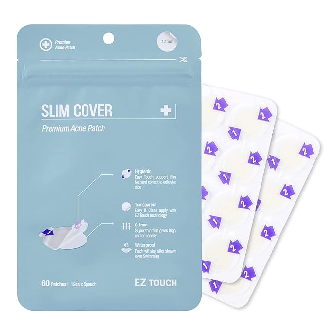 EZ Touch Touch-free Hydrocolloid Acne Pimple Patch (60 count, 12mm, Invisible) | Ultra-thin & Vaterproof | Patented Korean Slim Cover