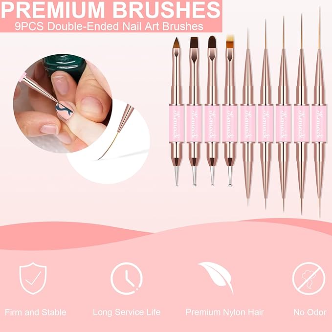 KEMEISI Nail Art Brush Set, 9PCS Double-Ended Acrylic Liner Brush Dotting Pen for Gel Polish, Nail Design Tools for Professional Manicure DIY Home Salon
