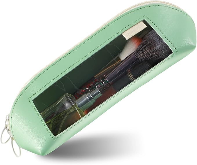 Clear Makeup Brush Bag Portable Makeup Brush Bag PU Leather Small Make up Brushes Pouch Case Transparent Waterproof Travel Cosmetic Organizer Pouch with Zipper for Women Home Office Storage (Green)