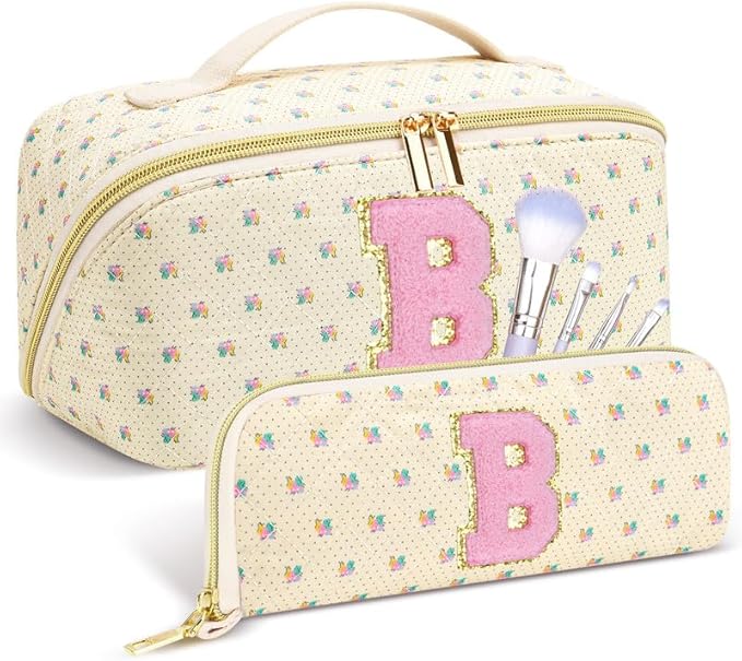 Personalized Travel Makeup Bag Set, Initial Travel Cute Floral Makeup Organizer Bag, Beige Toiletry Skincare Cosmetic Bag, Valentine’s Day Gifts for Women/Girls, Open Flat Toiletry Pouch Brush Bag