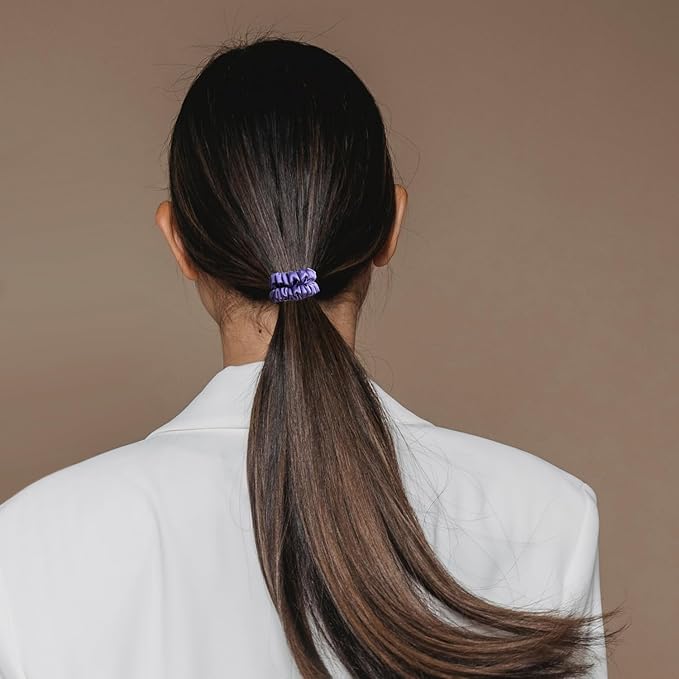 VLOMOT 3 Pcs Set 100% Pure Mulberry Silk Hair Scrunchies Hair Ties with 3 Chic Colors Everyday Skinny Scrunchies Silk Ponytail Holders Hair Care No Damage (Purple)
