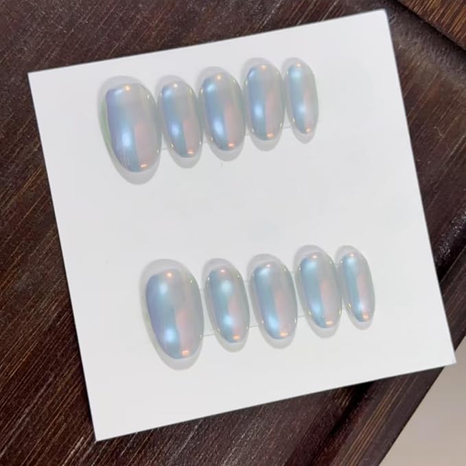 Cat Eye Press on Nails Handmade Short Oval/Square/Round False Nails with French Tip/Aurora/Magnetic Shimmer Designs (Aurora#Bubbles S)