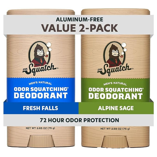 Dr. Squatch Natural Men’s Deodorant – Aluminum Free Natural Deodorant Men with Charcoal & Postbiotics for 72-Hour Odor Protection – Alpine Sage + Fresh Falls, 2.65oz Stick (2-Pack)