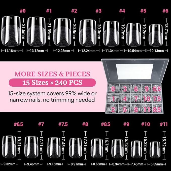 Qiek Short Square Fake Nail Tips - 15 Sizes 240 PCS Clear French Half Matte Press On False Nail Tips Pre-shaped Full Cover Gel Nail Tips Extensions Thick Long Lasting for DIY Beginners& Salon Manicure
