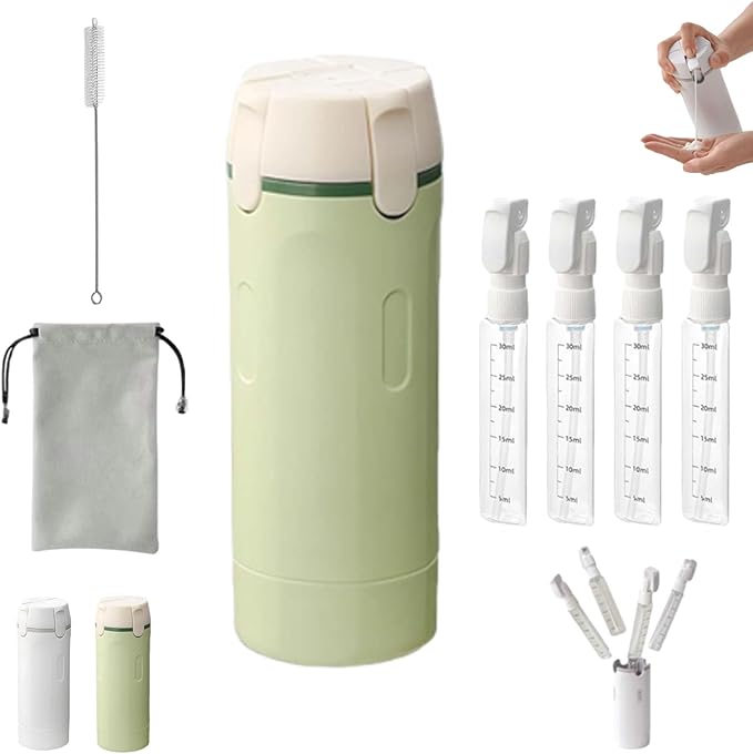 4 in 1 Travel Dispenser Bottle, 4 Pump Travel Bottle Set, 4 in 1 Leak Proof Travel Bottle Dispenser, with Measurement Scale & Label Stickers, for Toiletries (B)