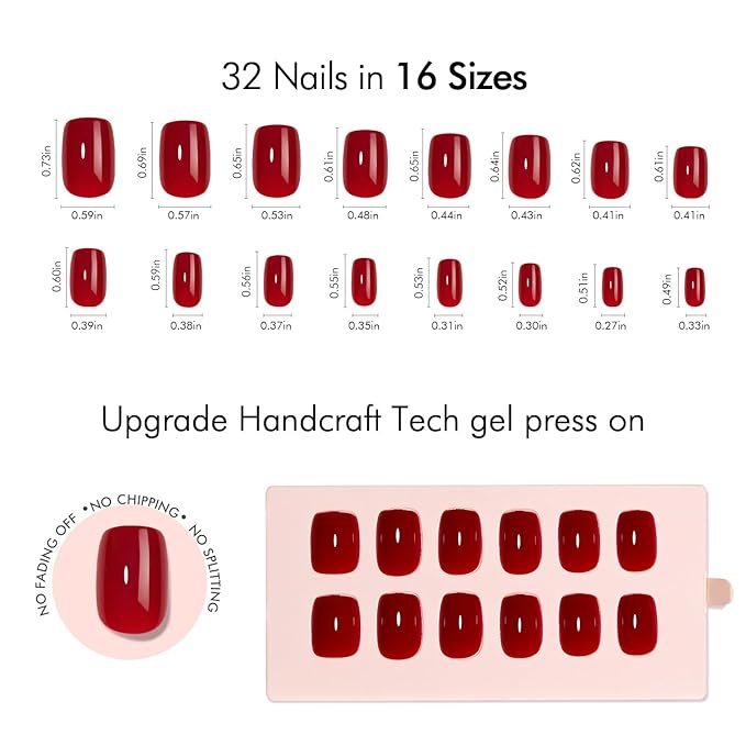 VSALON Press on Nails Short Square - Red Glossy Pastel New Year Fake Nail Kit for Women,Reusable Gel Opaque Glue on Nails with Glue & Cuticle Oil - 32 PCS Stick on Nails in 16 Sizes
